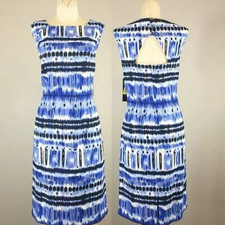 Tahari Arthur S Levine Dress 8 NWT Linen Blend Ikat Abstract Sheath Blue White
