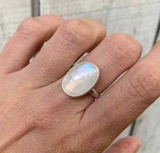 Large Oval Flashy Moonstone Ring 925 Sterling Silver June Birthstone Ring Gift