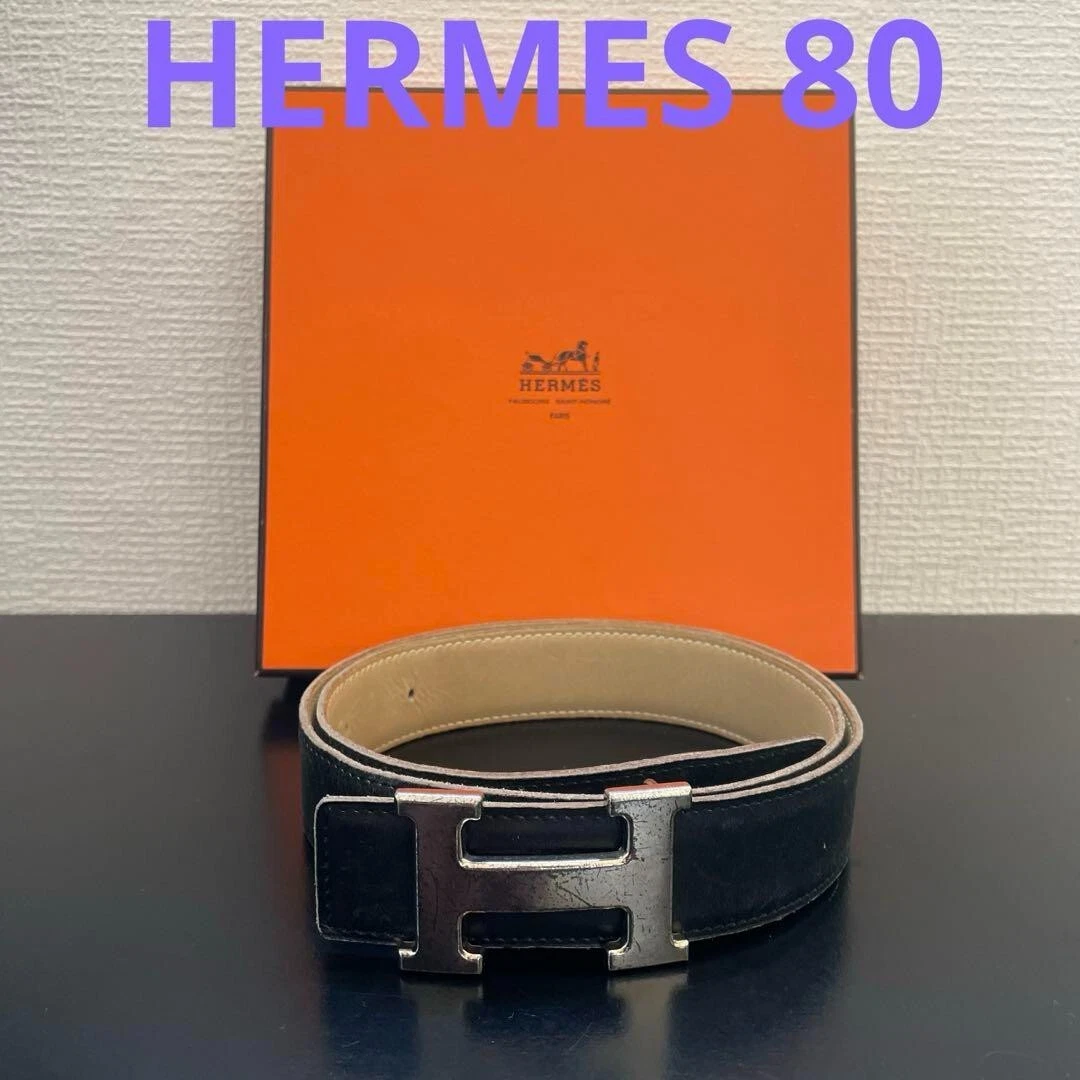 Authentic Hermes CONSTANCE H Belt Black/Beige Silver Buckle Size 80 31in F/S