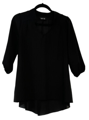 FAB'RIK Women's Black Blouse with Open Slit on Back Ballon Sleeves Keyhole Neck