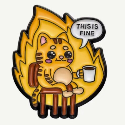  This Is Fine  Surprisingly calm Cat sits by Giant Fireball HALLOWEEN Enamel pin