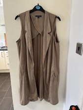 For Cynthia Brown Beige Faux Suede Sleeveless Longline Blazer Jacket M Uk 10