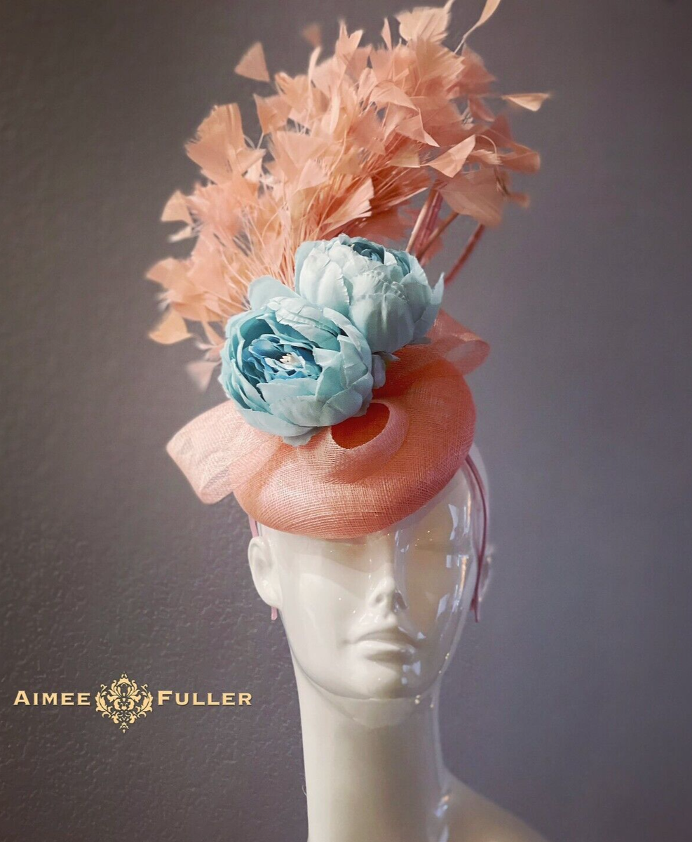 Kentucky Derby Fascinator Dusty Pink Country Blue Flower Hat  display picture 2