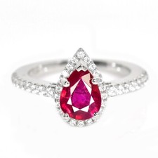 925 STERLING SILVER NATURAL BLOOD RED RUBY PEAR  WHITE CZ HALO RING SIZE 7.75