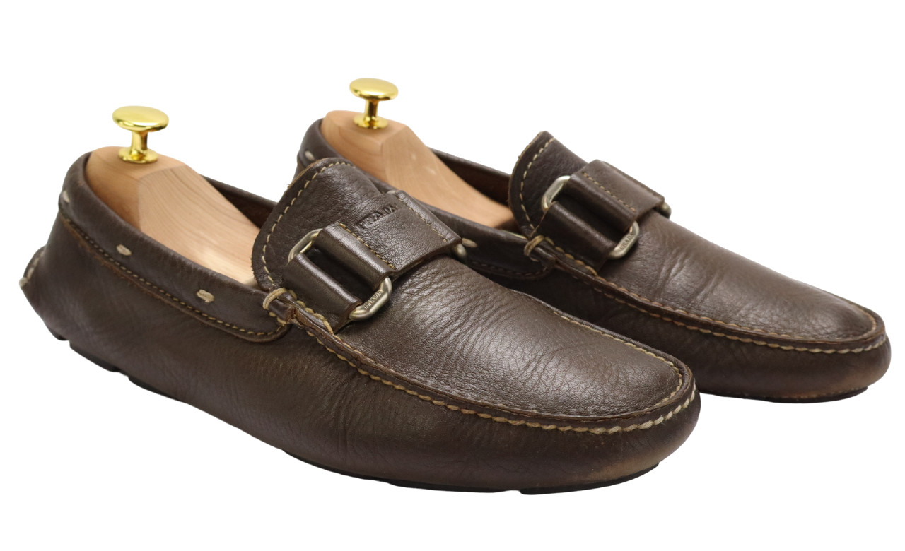 PRADA  Casual Shoes Men's EU 41 Leather Square Toe Slip On Brown Loafers