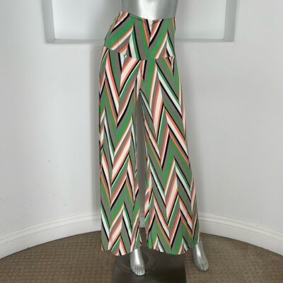 Up Town USA Green Multi Stripes Fold Over Waist Wide Leg Palazzo Pants 