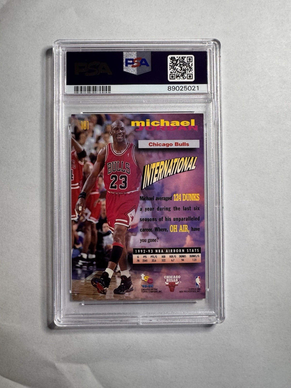 1993-94 Topps Stadium Club Michael Jordan Frequent Flyers #181 Bulls PSA 8 view 2