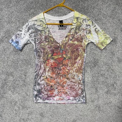 Vintage Y2K Chrome Bunny Shirt Size L Tattoo Dagger Heart Edgy Indie Sleaze Alt