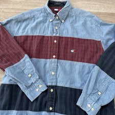 VINTAGE Tommy Hilfiger Denim Shirt Men Size M Blue Embroidered Flag Jean Flannel