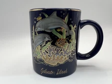 Galveston Island Dolphin Coffee Mug Navy Blue Gold Trim Underwater Scene