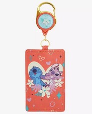 Loungefly Disney Lilo  Stitch Angel  Stitch Floral Heart Retractable Lanyard