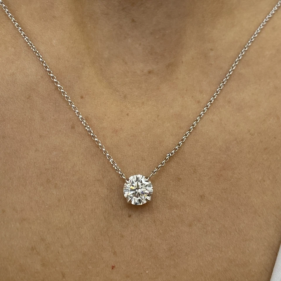 Diamond Pendant Solitaire Necklace Round E VS1 1 Carat Labcreated 14K White Gold - Image 4 of 4