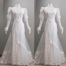 Vintage Victoria Wedding Dresses Puff Sleeves High Neck White Ivory Bridal Gowns