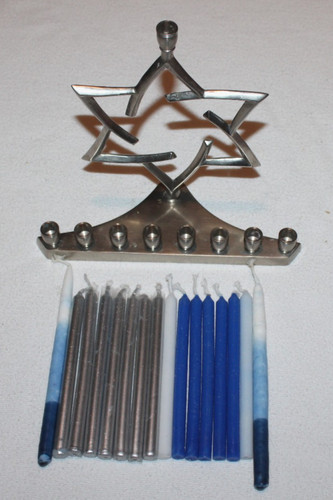metal Star of David Hanukkah Menorah silver tone with 16 candles Judaism