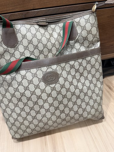 Gucci GG Monogram Tote Bag Beige Brown Web Stripe Zip Closure Gold Hardware
