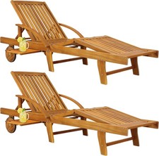 2× Foldable Wooden Sun Lounger Deck Chairs with Table & Wheels 200×60 cm Garden