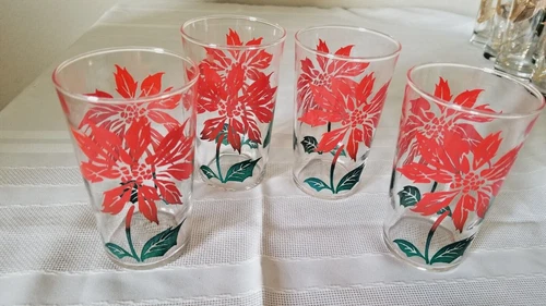 Vintage Federal Glass Christmas Poinsettia Drinking Cocktail Tumblers (4)