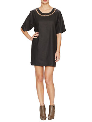 $299 New BEAUFILLE Urbino Cutout Dress Linen Cotton Coated Metal Tunic  Black 2 6 | eBay
