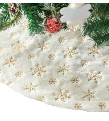 Acdoslow White faux Fur gold snowflakes Christmas Tree Skirt 30 inches ...