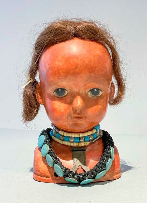 Vintage Porcelain Doll Head Bust 6.5" LeeWards Hand Painted Orange Real Hair 