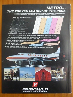 8/1985 PUB FAIRCHILD AIRCRAFT METRO III FLUGZEUG FLUGZEUG ORIGINAL ANZEIGE