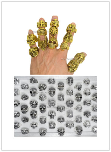 Wholesale Lots Mixed Skull Gold/Silver Men's Rings Jewelry Biker Punk Ring