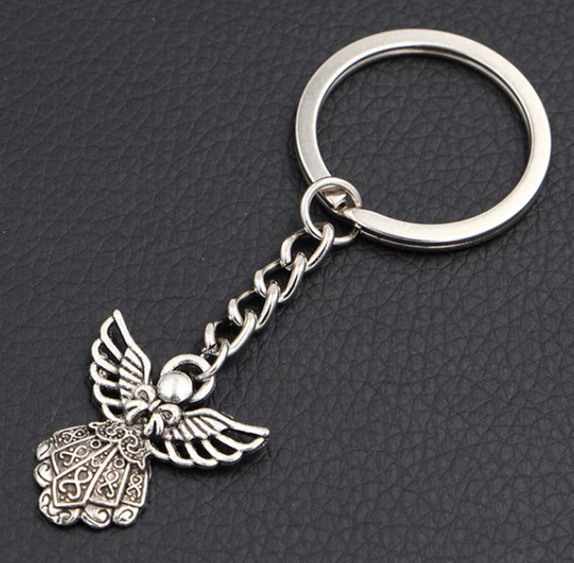 Silver Tone Guardian Angel Charm Keychain Key Ring With Free Gift Box