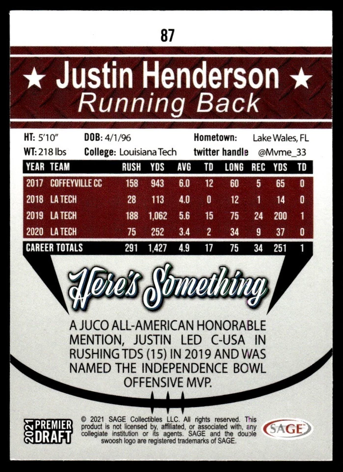 2021 SAGE Premier Draft #87 Justin Henderson - Louisiana Tech Bulldogs - Image 2 of 2