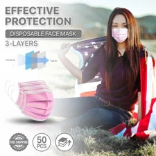 [Pink] 50/100 Pc 3-Ply Disposable Face Masks Non-Medical Surgical Earloop Cover