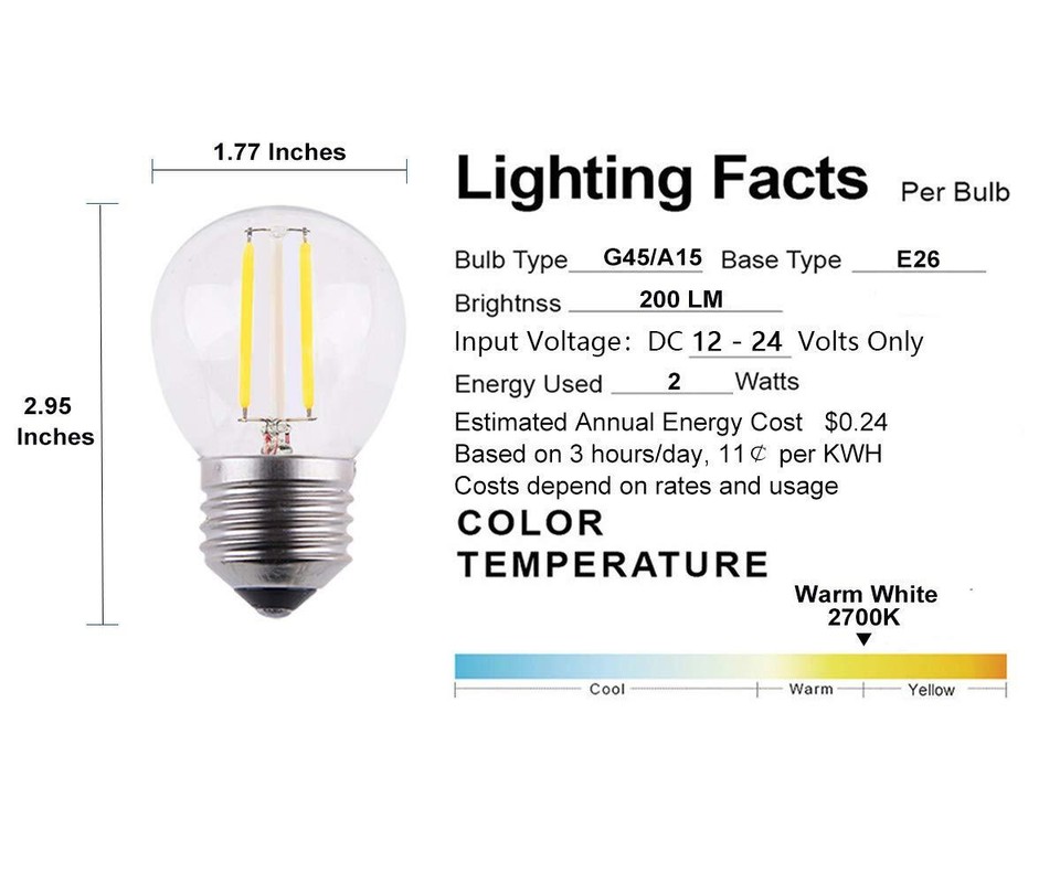 OPALRAY 2W LED Mini Globe Bulb, AC 12V, DC 12V, Dimmable with DC Dimmer