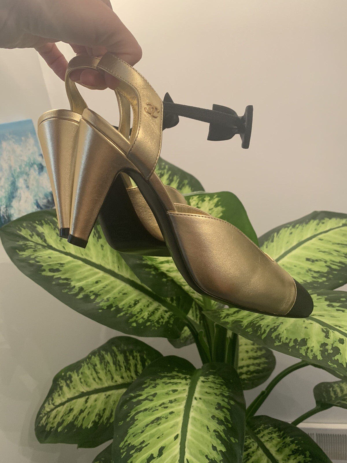 20A CHANEL LOGO Open Pumps Heels with Bow Black/Gold Size 38 New thumbnail 15