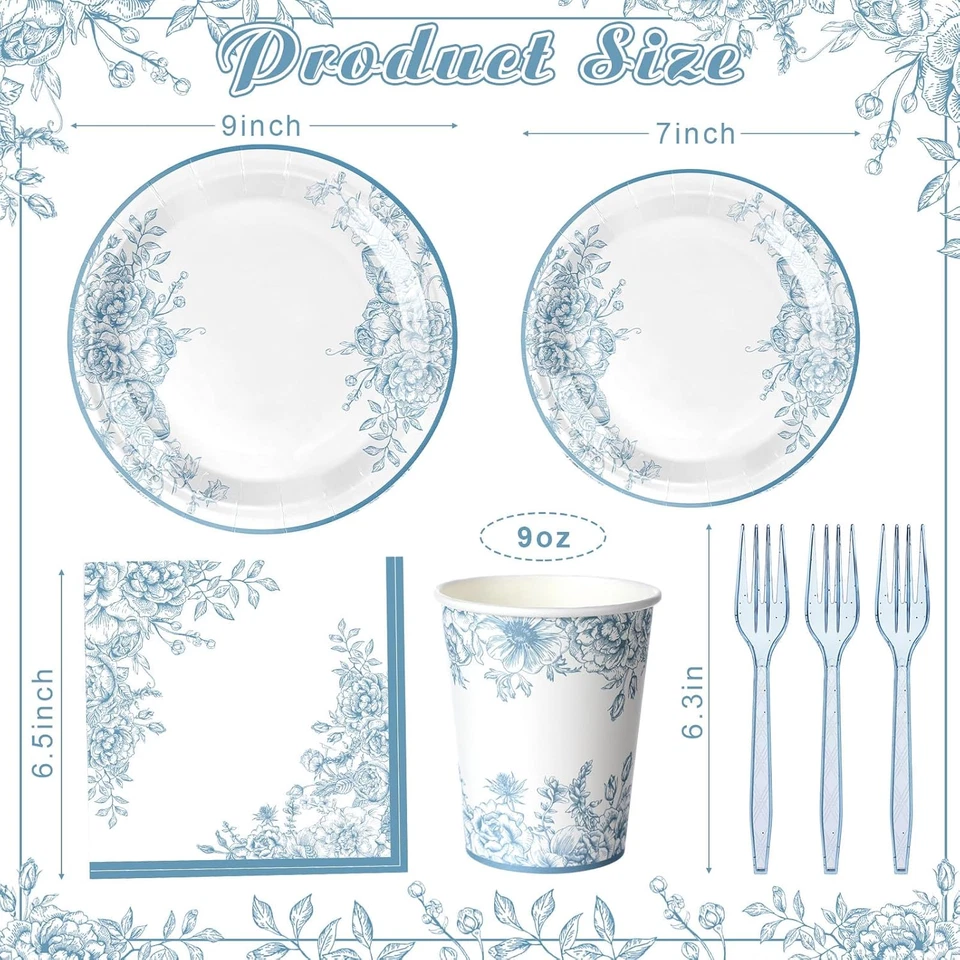 120Pcs Blue Floral Paper Plates and Napkins Sets Floral Party Supplies for 24 Gu - Image 2 of 4