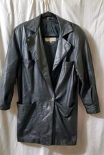 Vintage 1980s Womens Size S Greg Adams Black Leather Coat Soft Mid Thigh 