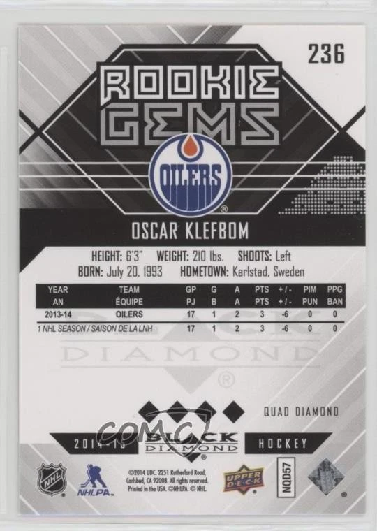 2014-15 Upper Deck Black Diamond Rookie Gems Oscar Klefbom #236 Rookie RC - Image 2 of 2