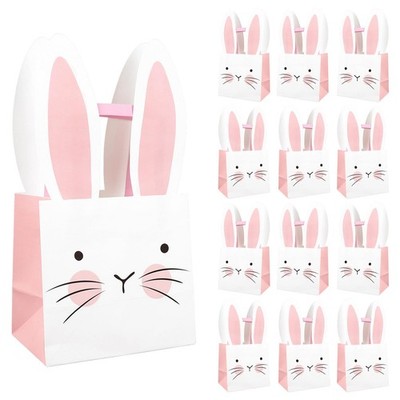 16 Pcs Easter Paper Bags Pink Bunny Treat Bags with Handles Rabbit Face Candy...