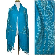 Vintage 100 Wool Turquoise Paisley Embroidered Scarf Shawl Wrap India Bobo Chic