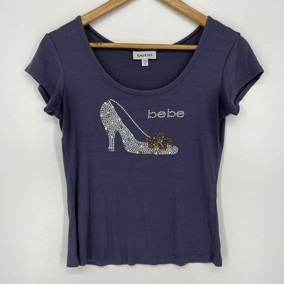 Bebe Womens Ribbed Rhinestone Stiletto Graphic Scoop Neck Top Blue Size M Vtg