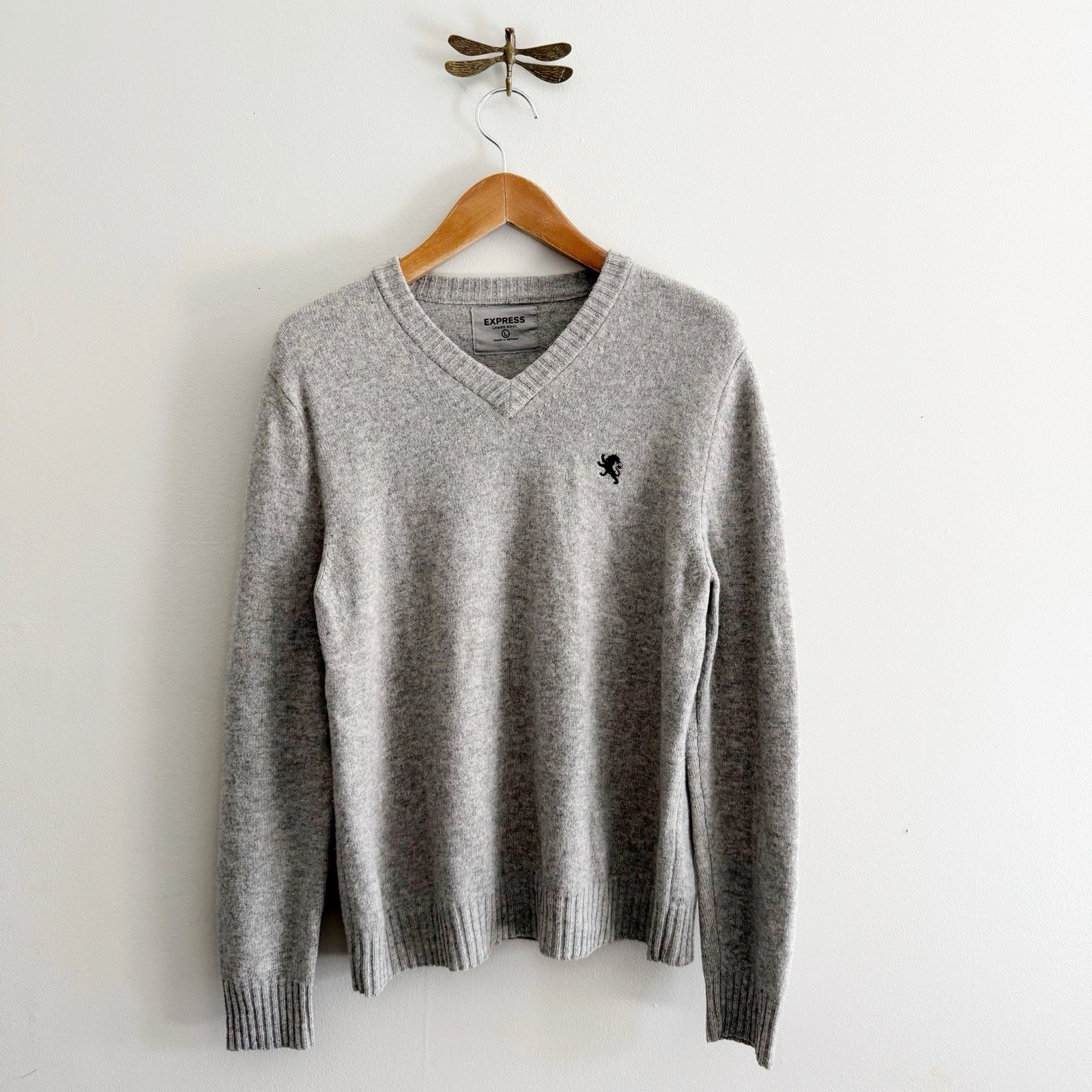 Express Men’s Wool Grey V Neck Knit Pullover Sweater Large