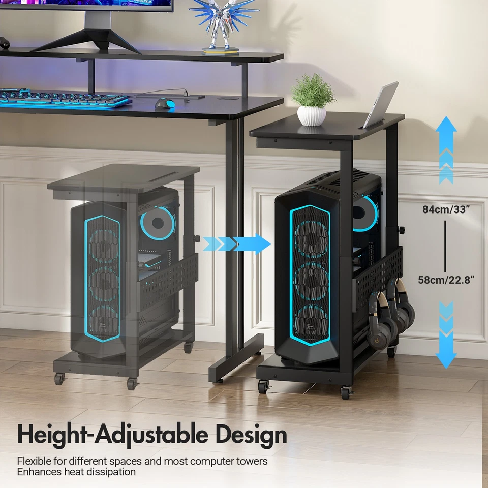 Computer Tower Stand Mobile Adjust-Height PC Stand w/Slot&Hooks&Caster Wheels - Image 3 of 4