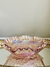 Vintage Imperial Glass Bowl Pink Windmill Rose Iridescent Ruffle #60