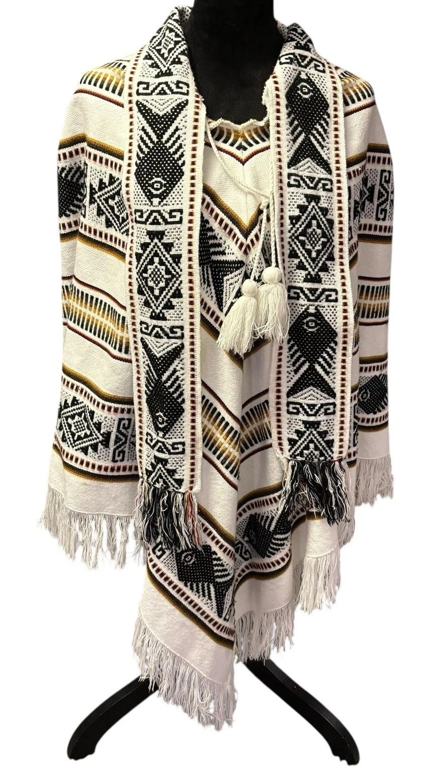 Aztec Poncho Western Wear 100% Wool w/ Fringe Womens OS White Black Brown