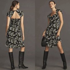 Reformation Rosi Midi Dress Cap Sleeves Tiered Ruffles Aroma Black Floral Size 4