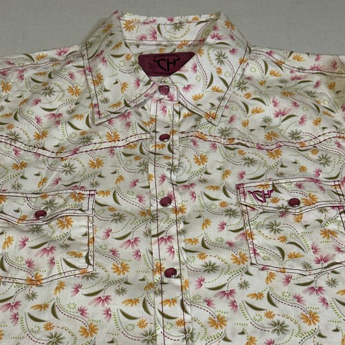 Cowgirl Hardware Pearl Snap Shirt Womens Large Pink Yellow Floral Western Style - Picture 2 of 16