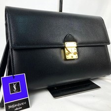 Yves Saint Laurent Cassandre Logo Clutch Bag Black Leather Gold Hardware Vintage