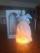 Silvestri Vtg. Porcelain Angel Tree Topper 10 Light Gold & White Accent Dress