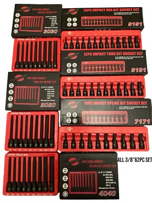 62tlg Set Impact Sechskant Torx Spline Bit Steckschlüssel 3/8'' Antrieb kurz & lang Inbus Stern