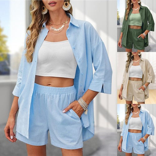 Women's Cotton Linen Set Casual Tracksuit Button Down Short Sleeve Shirt+shorts