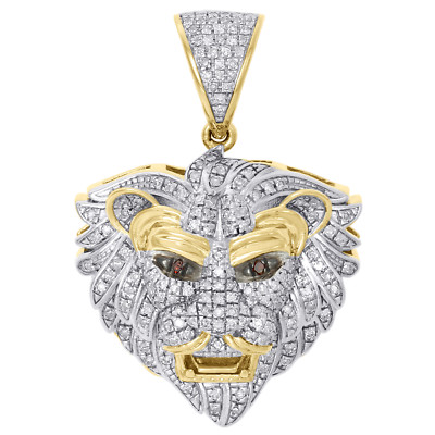 10K Yellow Gold Real Diamond Lion Face Pendant 1.35'' Fancy Pave Charm 1/2 CT.