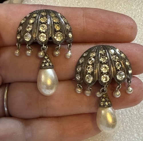 Art Deco Depose French Paste W/ Pearl Earrings France - Picture 7 of 8