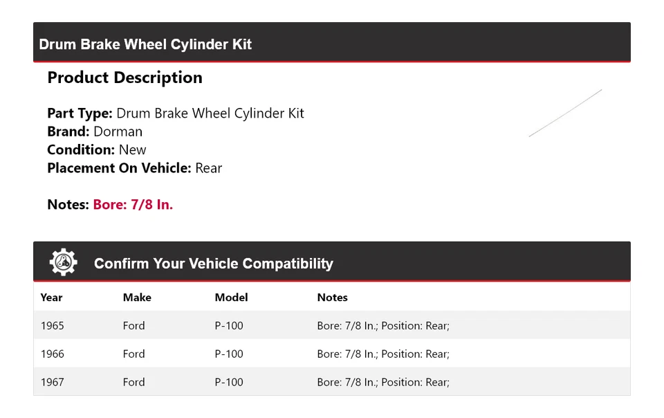For 1965-1967 Ford P-100 Dorman Drum Brake Wheel Cylinder Kit Rear 1966 - Image 2 of 4